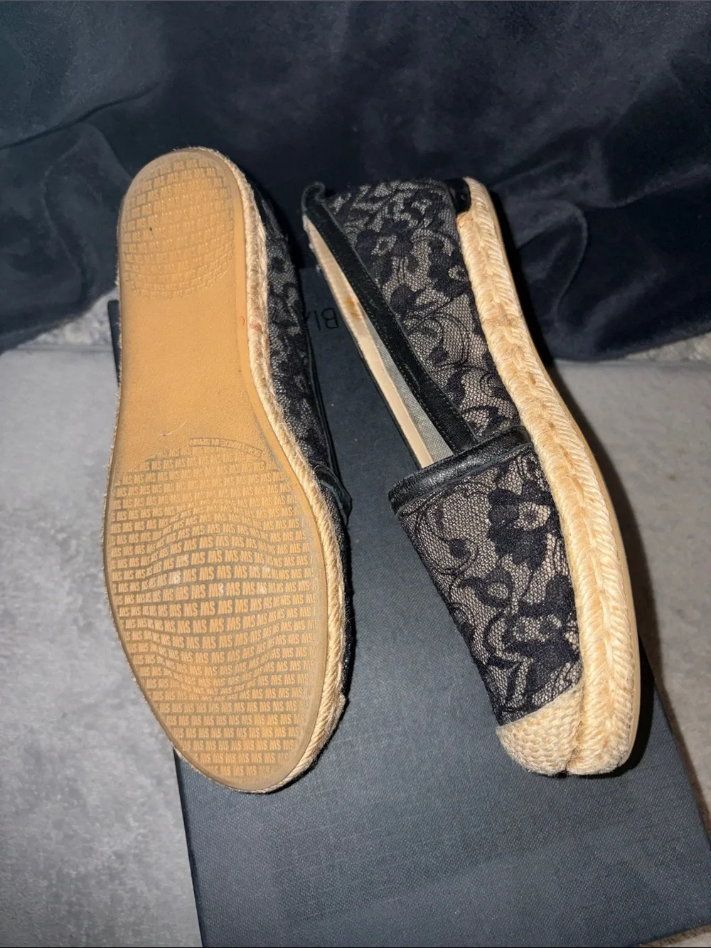 Stuart Weitzman Black Lace Espadrille Flats with Jute Toe
